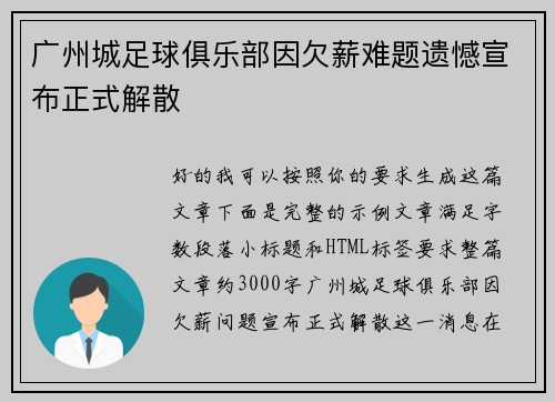 广州城足球俱乐部因欠薪难题遗憾宣布正式解散